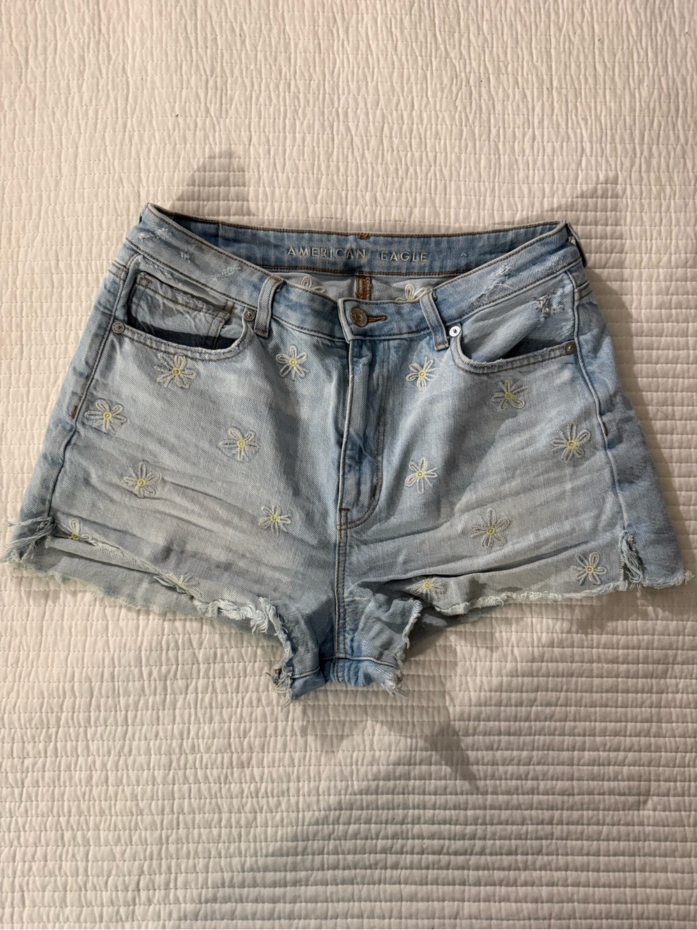 American Eagle Outfitters Light Blue Daisy Embroidered High Waist Denim Shorts